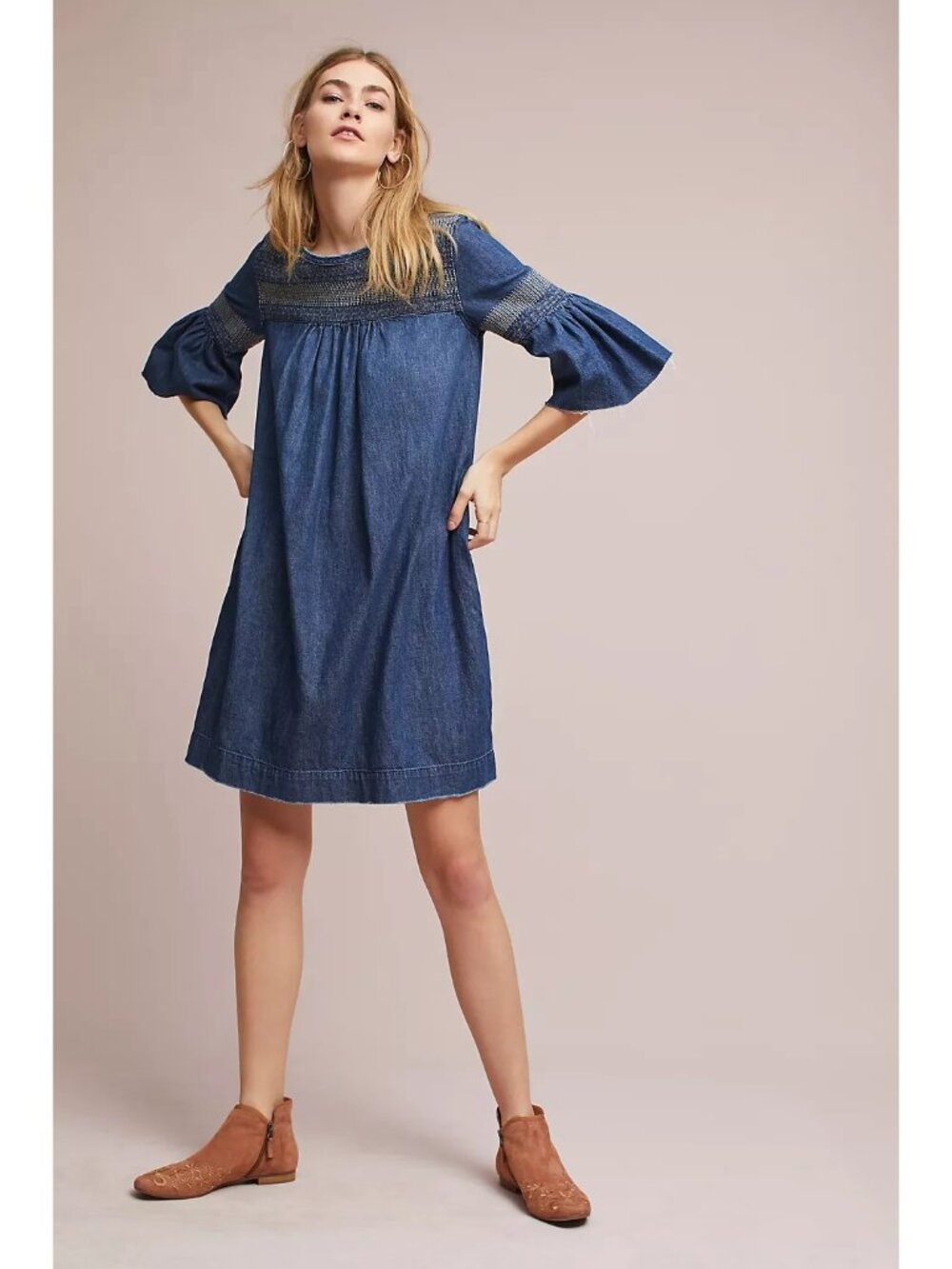 Anthropologie Current/Elliot Embroidered Denim Tunic Dress 1 Small